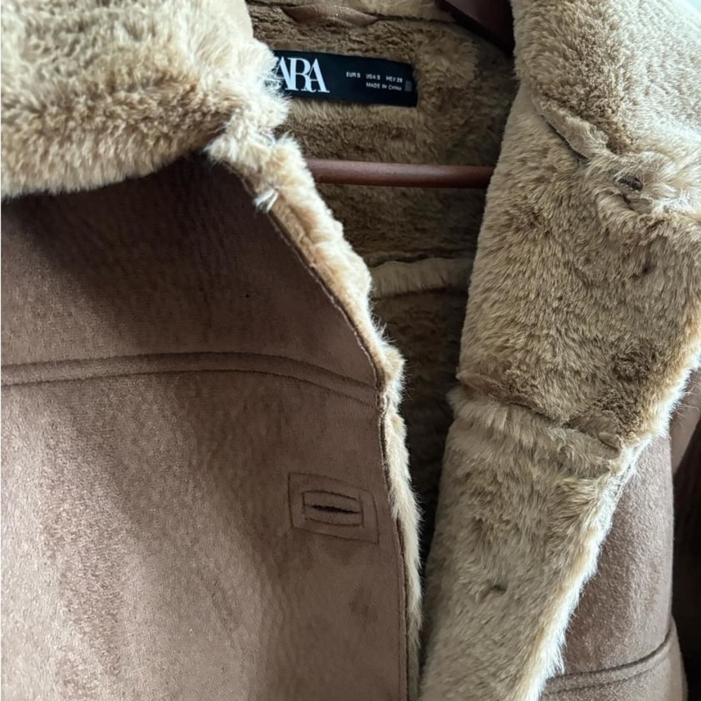 Zara Tan Shearling-Trim Button Jacket - Picture 6 of 9